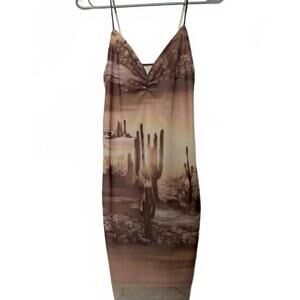 Y2K Desert Landscape Graphic Mesh Spaghetti Strap Dress